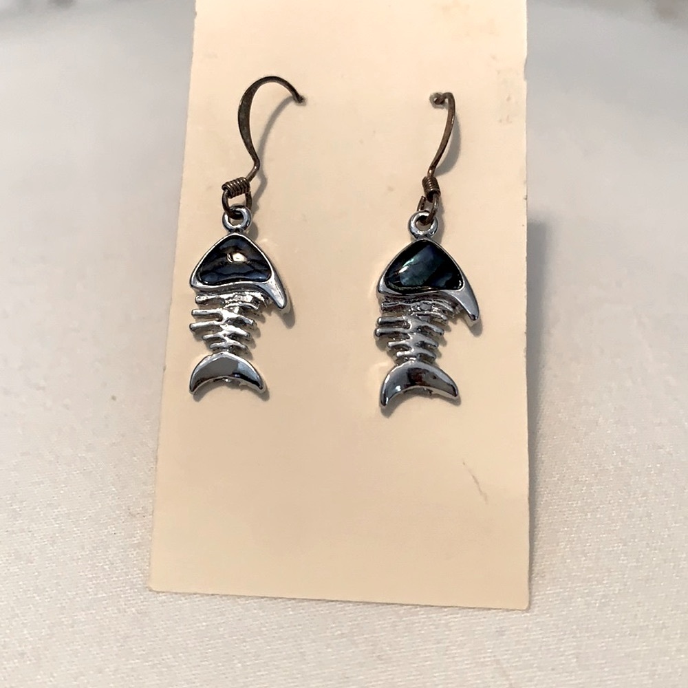 Silver fish bone earrings with blue iridescent stones, new